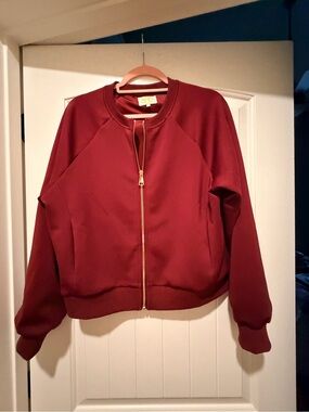 Classic Burgundy Women's Bomber Jacket with Gold Zip